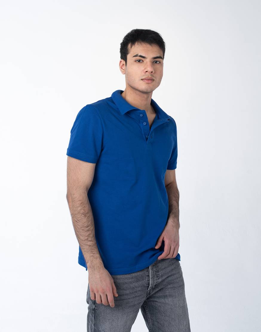 Синяя рубашка ПОЛО с эластаном мужская оптом